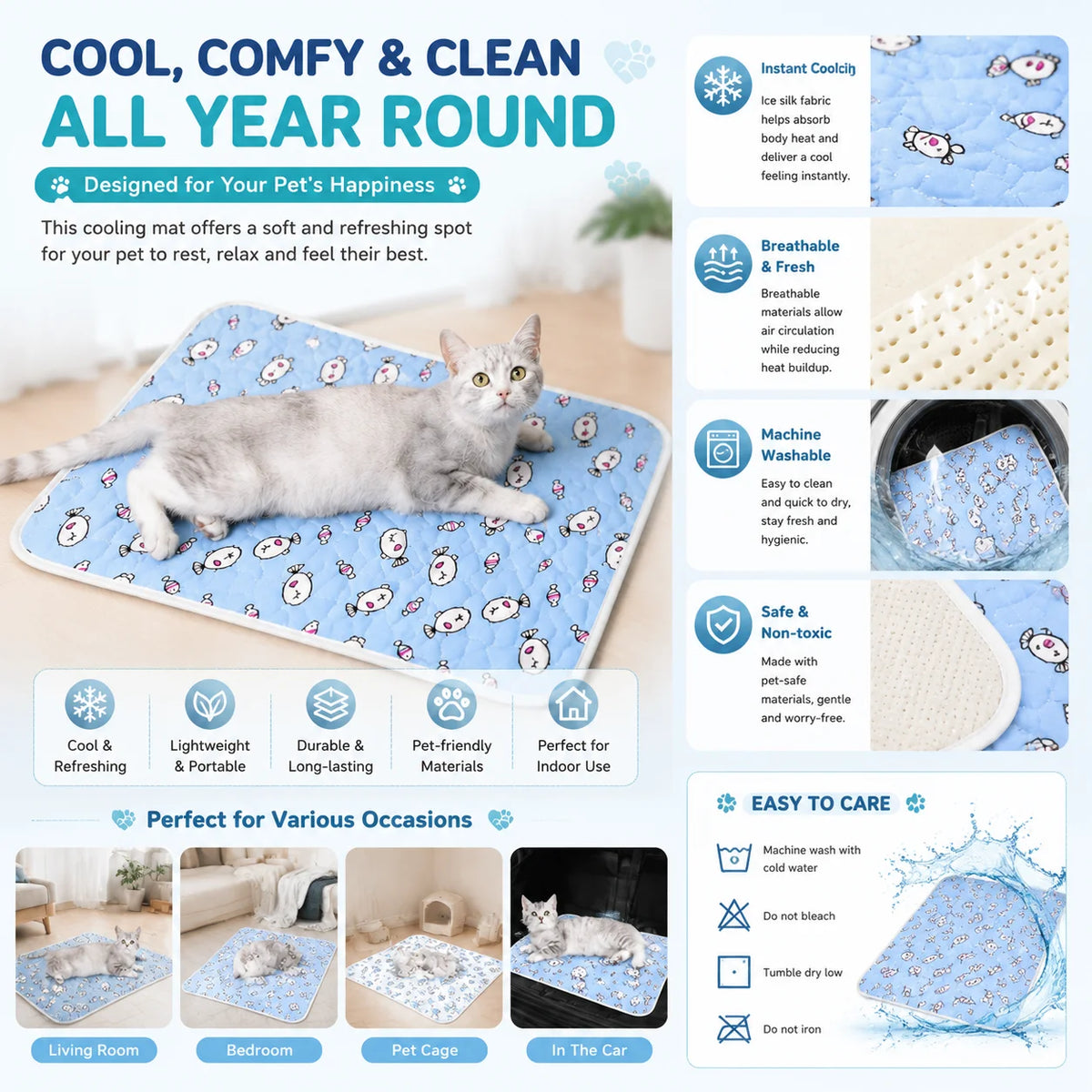 Pet Summer Cooling Beds Mats Cute Cartoon Pattern Cat Dog Sleeping Mat Kennel Ice Silk Cool Pad Floor Sofa Blanket Pet Supplies - CarrieOnExpress