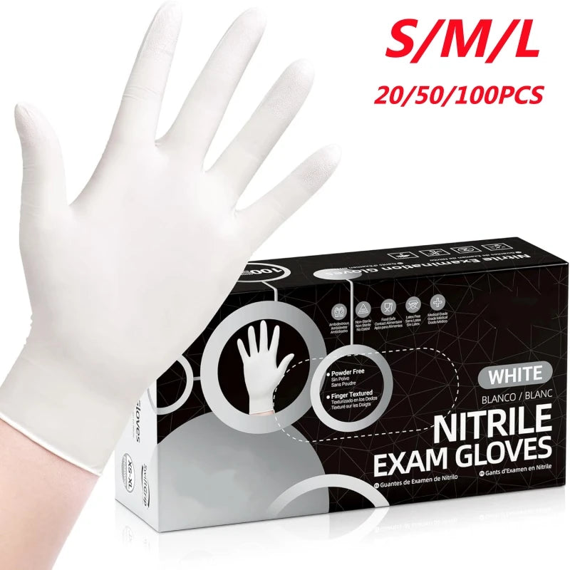 20/50/100PCS Disposable White Nitrile Gloves Household Cleaning Gloves Kitchen Cooking Tattoo Pet Tools Waterproof Latex Free - CarrieOnExpress