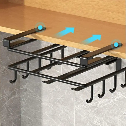 Kitchen Under Cabinet Hanging Organizer Rack with Hooks Multi Purpose Holder for Paper Towel Cutting Board Pot Lids - CarrieOnExpress