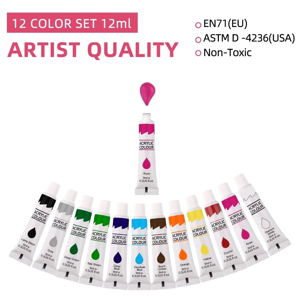 12 Color Acrylic Paint Set 9ml Tubes Waterproof Art Supplies for Beginner Artists DIY Painting on Canvas Wall Art Craft Projects - CarrieOnExpress