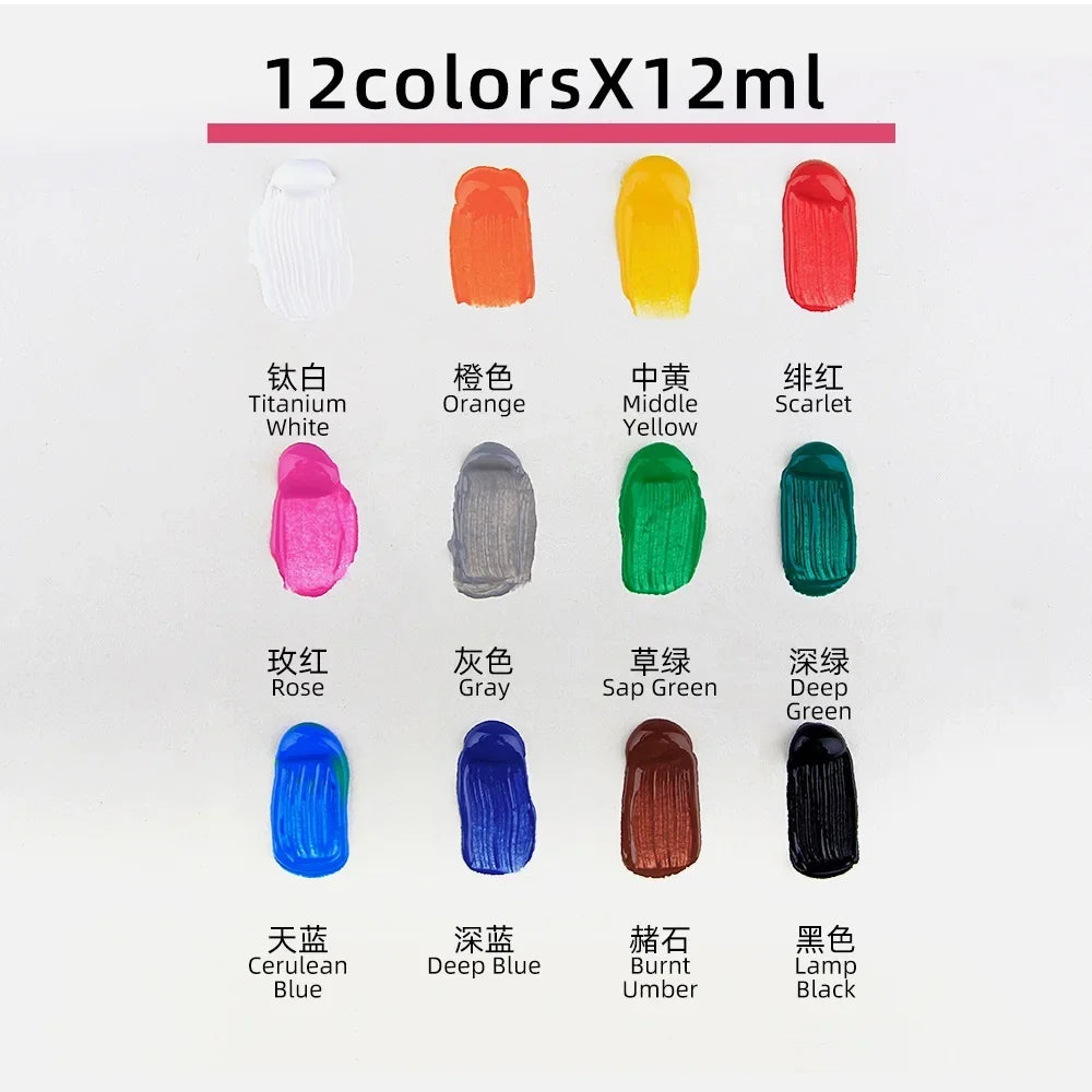 12 Color Acrylic Paint Set 9ml Tubes Waterproof Art Supplies for Beginner Artists DIY Painting on Canvas Wall Art Craft Projects - CarrieOnExpress
