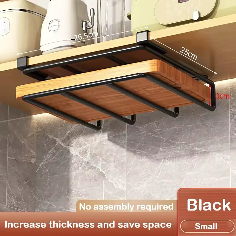 Kitchen Under Cabinet Hanging Organizer Rack with Hooks Multi Purpose Holder for Paper Towel Cutting Board Pot Lids - CarrieOnExpress