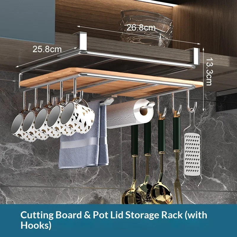 Kitchen Under Cabinet Hanging Organizer Rack with Hooks Multi Purpose Holder for Paper Towel Cutting Board Pot Lids - CarrieOnExpress