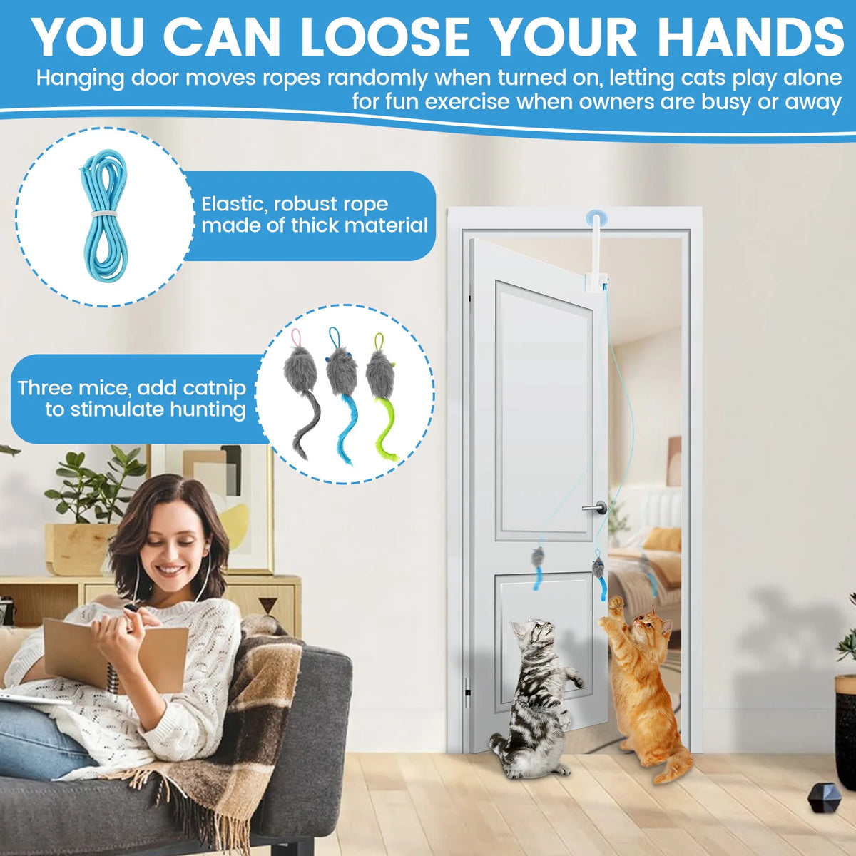 Auto-Rebound Hanging Cat Toy, Interactive Self-Play Door Toy for Cats and Kittens with 3 Catnip Mice - CarrieOnExpress