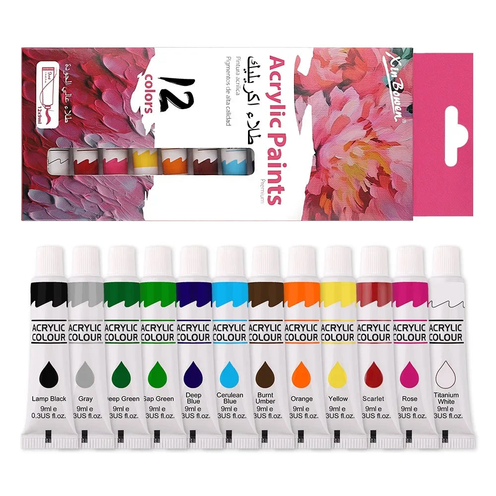 12 Color Acrylic Paint Set 9ml Tubes Waterproof Art Supplies for Beginner Artists DIY Painting on Canvas Wall Art Craft Projects - CarrieOnExpress