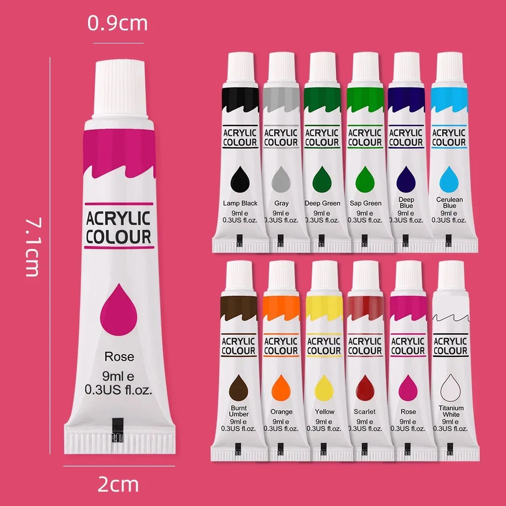 12 Color Acrylic Paint Set 9ml Tubes Waterproof Art Supplies for Beginner Artists DIY Painting on Canvas Wall Art Craft Projects - CarrieOnExpress