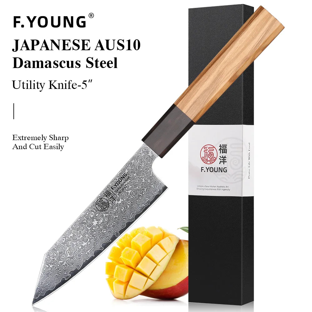 F.YOUNG 5" Kitchen Utility Knife Damascus Professional Chef Knife Cut Fruit Vegetable Meat Japanese Hand Forged Cooking Tools - CarrieOnExpress