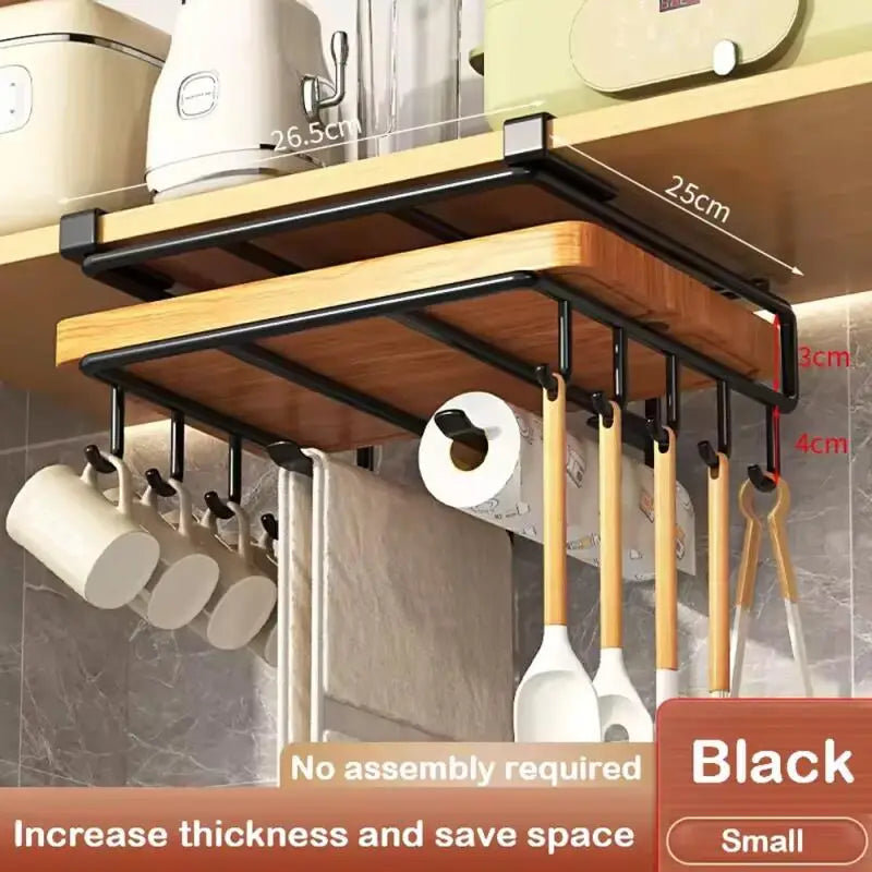 Kitchen Under Cabinet Hanging Organizer Rack with Hooks Multi Purpose Holder for Paper Towel Cutting Board Pot Lids - CarrieOnExpress