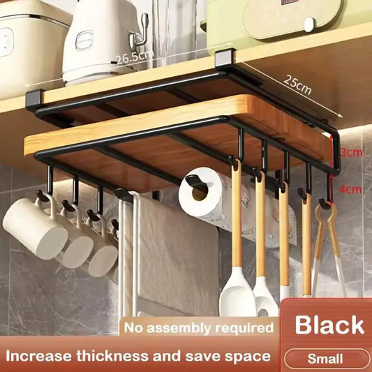 Kitchen Under Cabinet Hanging Organizer Rack with Hooks Multi Purpose Holder for Paper Towel Cutting Board Pot Lids - CarrieOnExpress