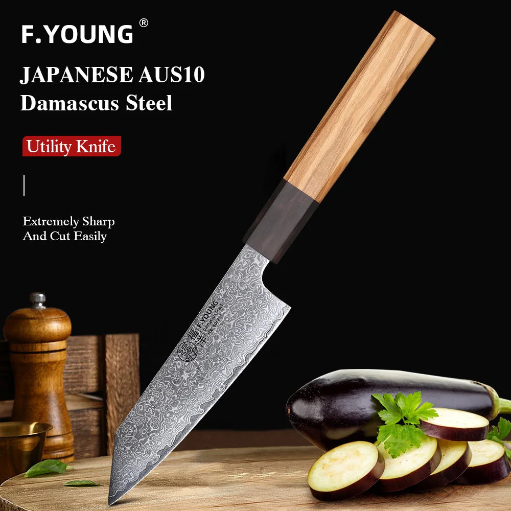 F.YOUNG 5" Kitchen Utility Knife Damascus Professional Chef Knife Cut Fruit Vegetable Meat Japanese Hand Forged Cooking Tools - CarrieOnExpress