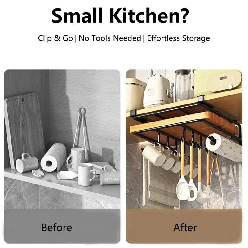 Kitchen Under Cabinet Hanging Organizer Rack with Hooks Multi Purpose Holder for Paper Towel Cutting Board Pot Lids - CarrieOnExpress
