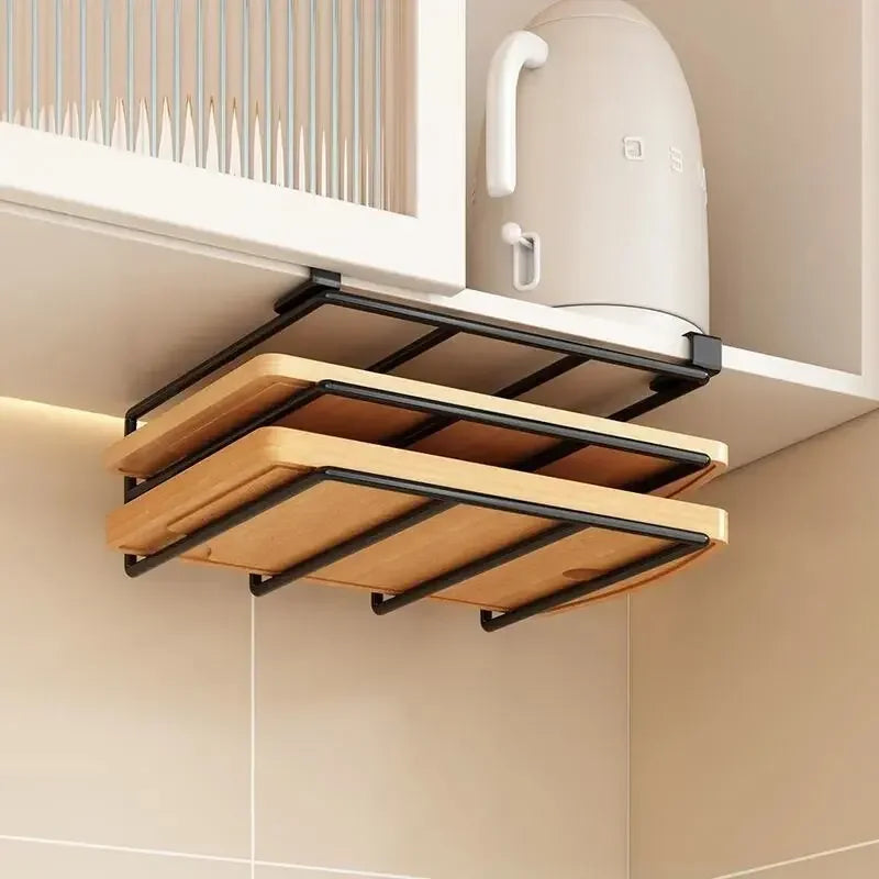 Kitchen Under Cabinet Hanging Organizer Rack with Hooks Multi Purpose Holder for Paper Towel Cutting Board Pot Lids - CarrieOnExpress