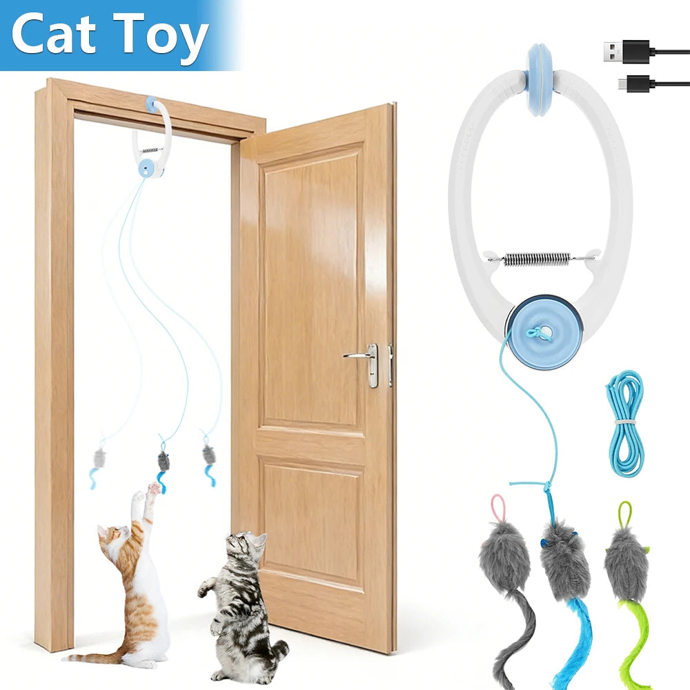 Auto-Rebound Hanging Cat Toy, Interactive Self-Play Door Toy for Cats and Kittens with 3 Catnip Mice - CarrieOnExpress