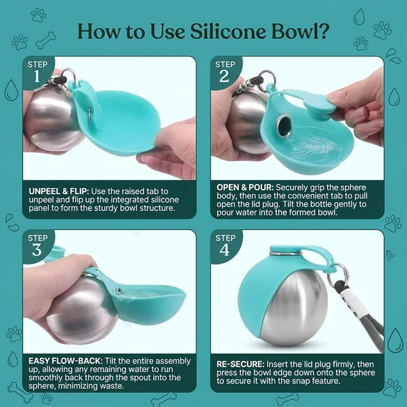 Dog Water Bottle 285ml Stainless Steel Portable Dog Drinker Leak Proof Feeder Dog Bottle 2 in 1 Silicon Bowl Travel Pet Supplies - CarrieOnExpress
