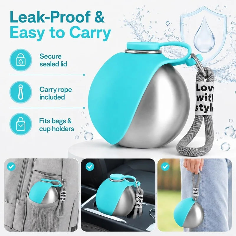 Dog Water Bottle 285ml Stainless Steel Portable Dog Drinker Leak Proof Feeder Dog Bottle 2 in 1 Silicon Bowl Travel Pet Supplies - CarrieOnExpress