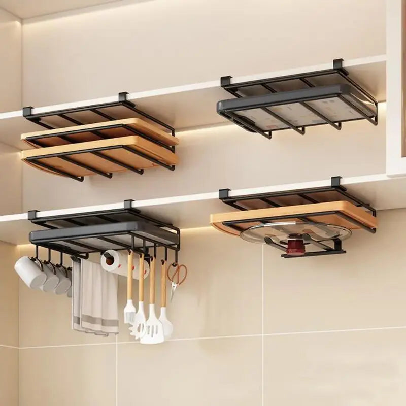 Kitchen Under Cabinet Hanging Organizer Rack with Hooks Multi Purpose Holder for Paper Towel Cutting Board Pot Lids - CarrieOnExpress
