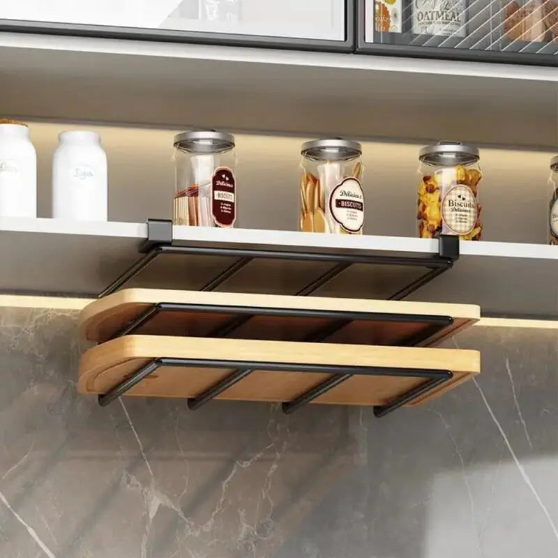Kitchen Under Cabinet Hanging Organizer Rack with Hooks Multi Purpose Holder for Paper Towel Cutting Board Pot Lids - CarrieOnExpress