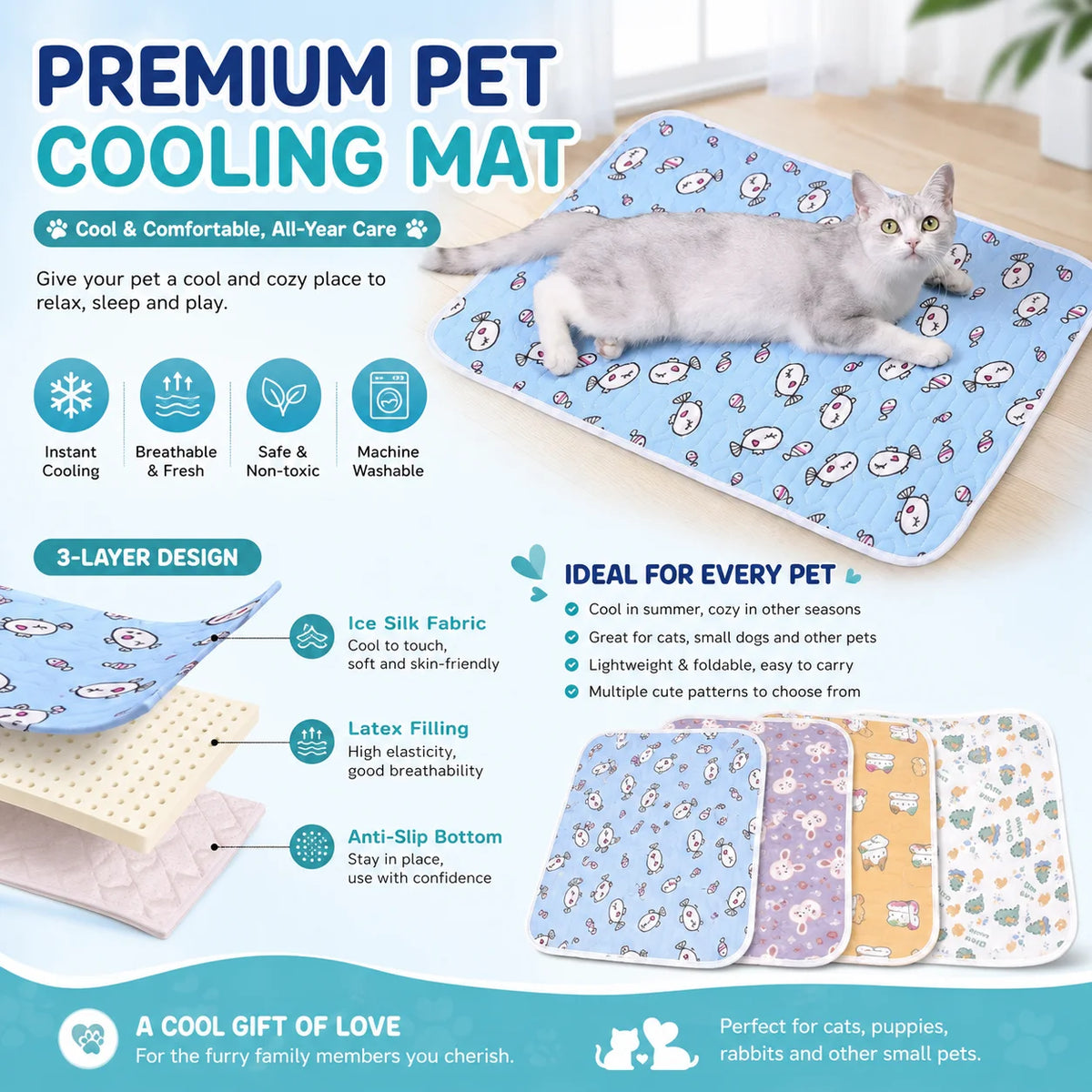 Pet Summer Cooling Beds Mats Cute Cartoon Pattern Cat Dog Sleeping Mat Kennel Ice Silk Cool Pad Floor Sofa Blanket Pet Supplies - CarrieOnExpress