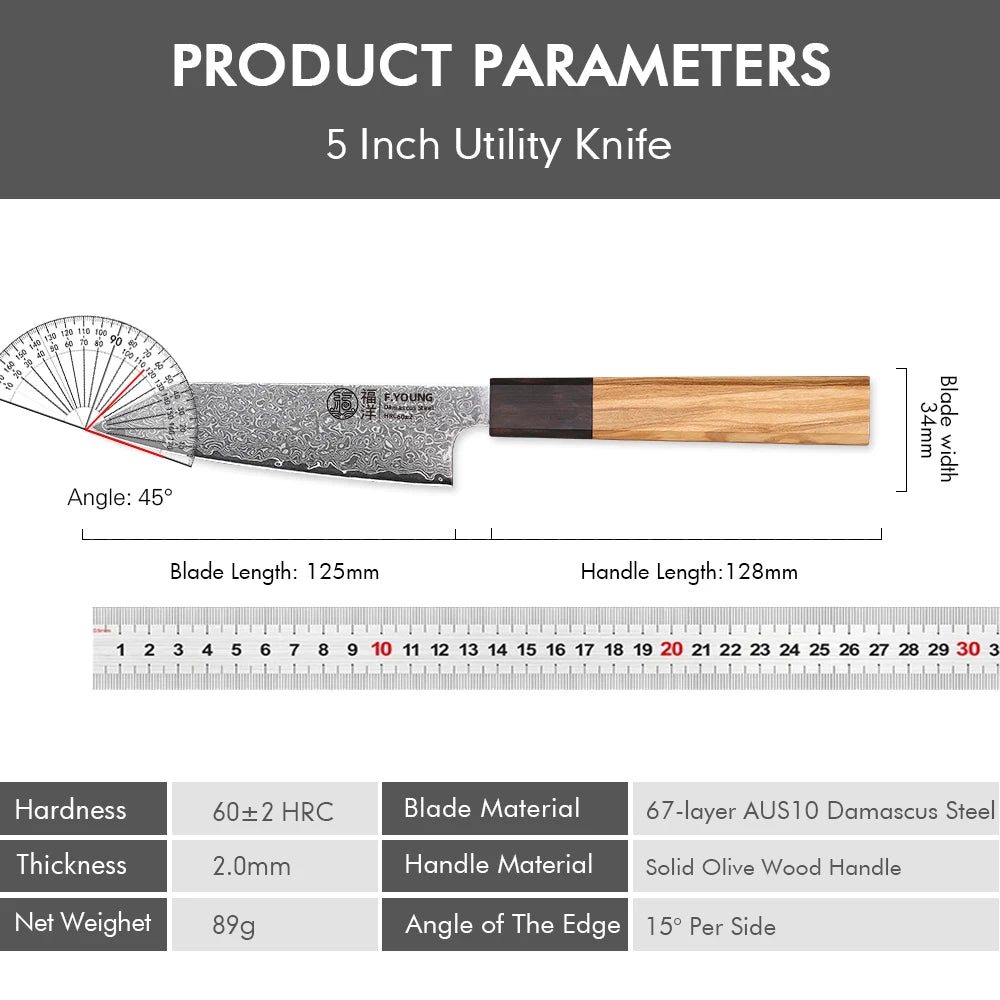 F.YOUNG 5" Kitchen Utility Knife Damascus Professional Chef Knife Cut Fruit Vegetable Meat Japanese Hand Forged Cooking Tools - CarrieOnExpress